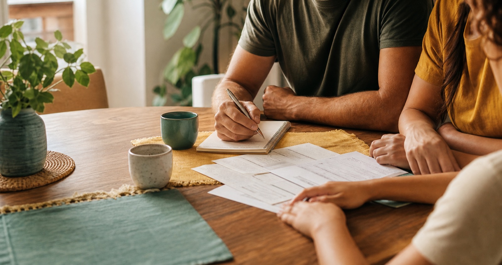 Casal organizando a vida financeira à mesa, com anotações e planejamento